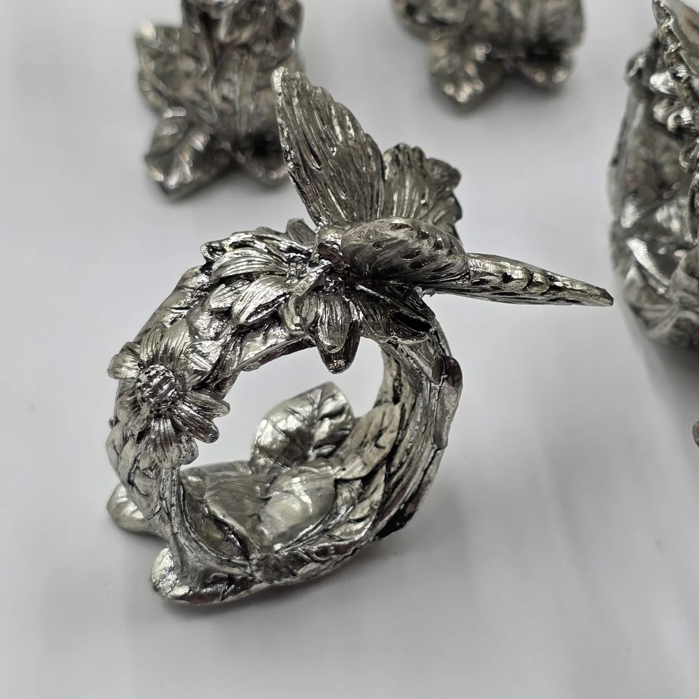 Vtg Silver Resin Butterfly Napkin Ring Hokder Set Of 7